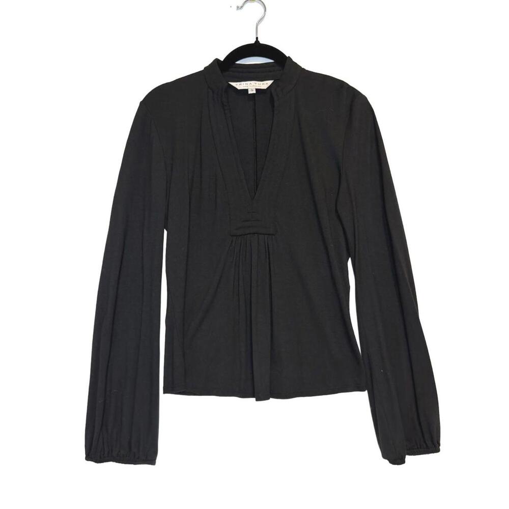 Trina Turk Women's Black Pleated V-Neck Top Long Sleeve Blouse Cuffed Size Small